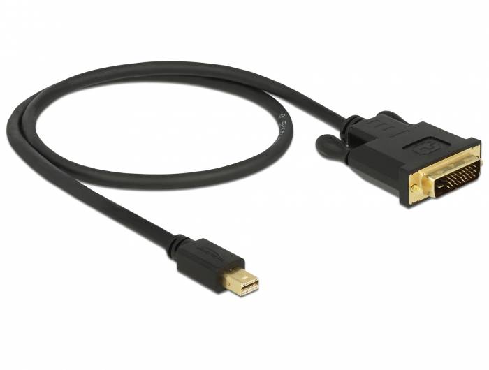 Ein schwarzes Kabel mit einem Mini DisplayPort auf der einen Seite und einem DVI-Anschluss auf der anderen Seite. Geeignet für Videoverbindungen.