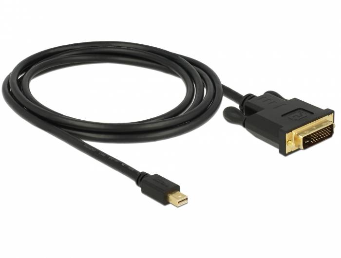 Schwarzes Kabel mit Mini-DisplayPort auf DVI-Stecker, geeignet für die Verbindung zwischen Computern und Monitoren.