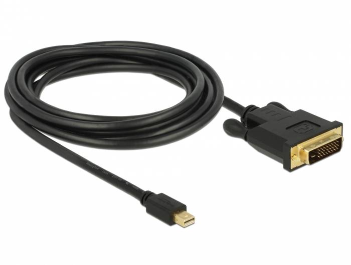 Schwarzes Kabel mit einem Mini DisplayPort-Stecker auf der einen Seite und einem DVI-Stecker auf der anderen Seite, zur Bildübertragung.