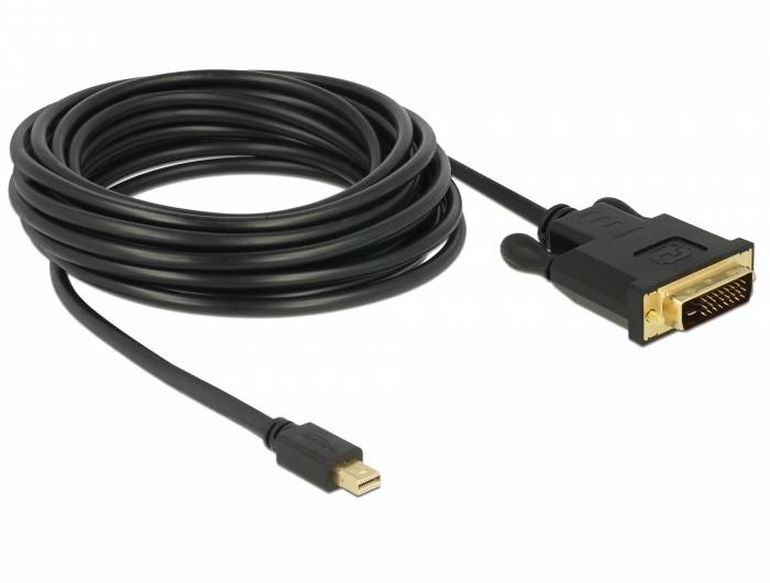 DVI-zu-Mini-DisplayPort-Kabel, schwarz, mit vergoldeten Steckern, aufgerollt. Verwendet zur Verbindung von Geräten mit unterschiedlichem Anschluss.