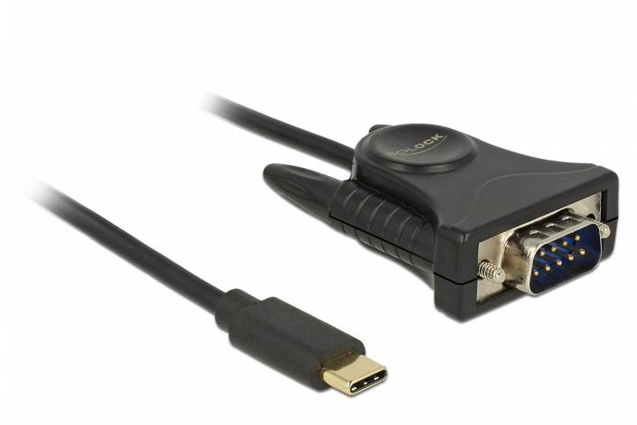 'USB-C-zu-RS232-Adapterkabel' zeigt einen USB-C-Stecker auf der linken Seite, verbunden mit einem RS232-Anschluss auf der rechten Seite.