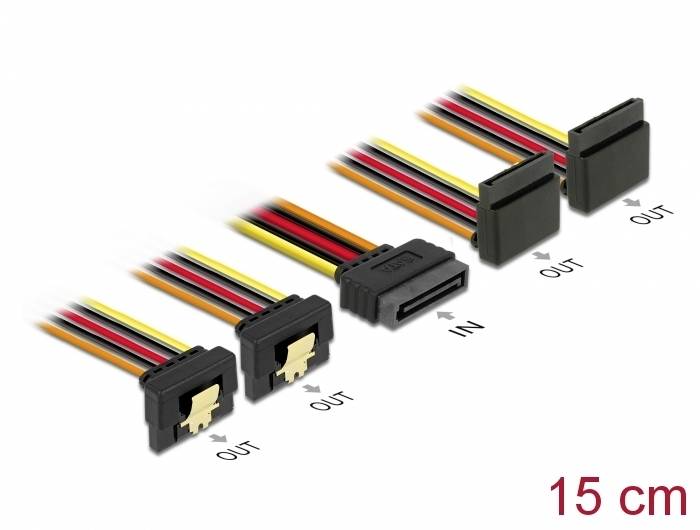 Kabelverteiler mit vier Ausgängen und einem Eingang für Stromverbindungen, Kabel sind 15 cm lang.