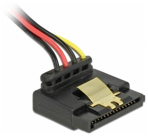 Ein schwarzer SATA-Stromstecker mit roten, gelben und schwarzen Kabeln, bereit für den Anschluss an ein Speichermedium.