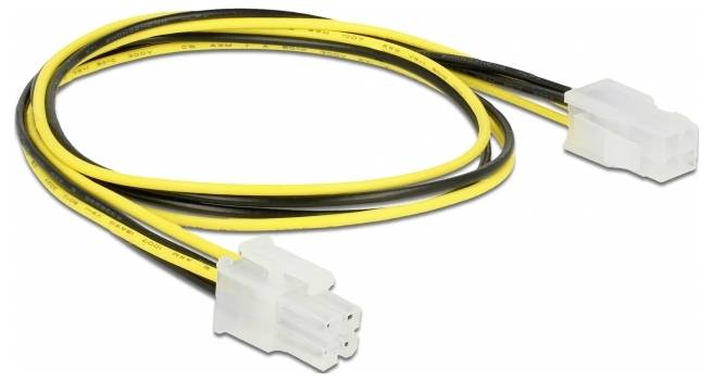 Ein gelb-schwarzes Stromkabel mit zwei weißen Steckern, verwendet zur Stromversorgung von Computerbauteilen.