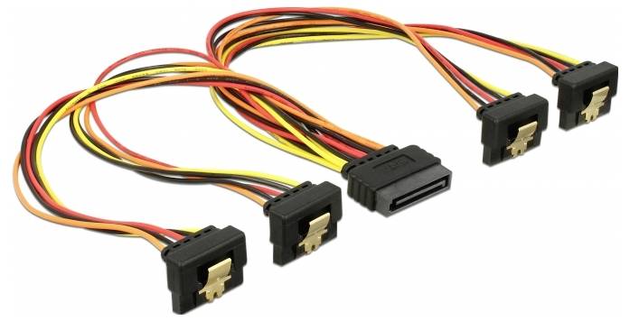 SATA-Stromkabelverteiler mit einem Eingang und vier Ausgängen in Schwarz, Rot, Gelb und Orange, zum Anschluss mehrerer Geräte.