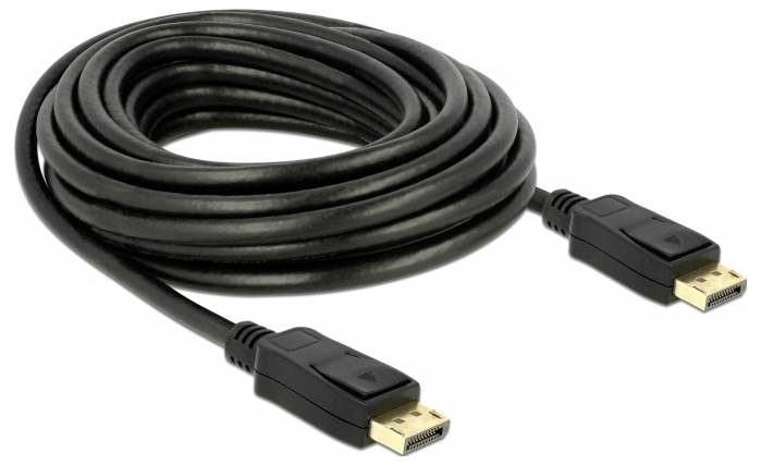 Ein schwarzes DisplayPort-Kabel mit zwei Steckern, das zum Verbinden von Computern mit Monitoren verwendet wird.