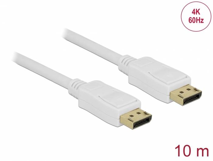 Weißes DisplayPort-Kabel, 10 Meter lang, unterstützt 4K bei 60Hz, für Video- und Audioverbindungen zwischen Geräten.