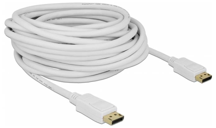 Weißes HDMI-Kabel, aufgerollt, mit zwei goldenen Steckern an den Enden. Geeignet für die Übertragung von Audio- und Videosignalen.