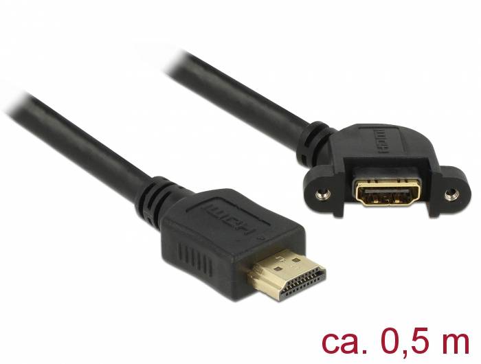 Ein HDMI-Kabel mit flachem Stecker und einer Buchse mit Befestigungslaschen. Länge: ca. 0,5 Meter.