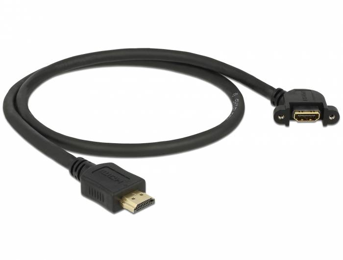 HDMI-Kabel mit gewinkeltem Stecker, geeignet für den Anschluss von Geräten wie Fernseher und Computer, zeigt goldene Steckverbindungen.