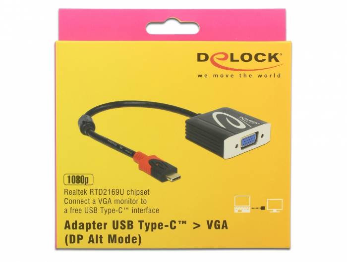 'Delock USB Type-C auf VGA Adapter' Verpackung zeigt Adapterbild und Textdetails wie '1080p' und 'Realtek RTD2169U-Chipset'.