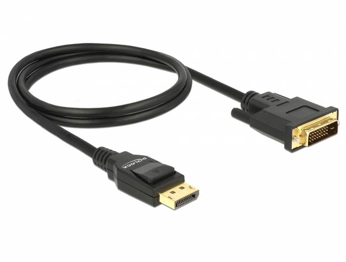 Ein schwarzes Kabel mit einem DisplayPort-Stecker auf der einen Seite und einem DVI-Stecker auf der anderen, für Videoverbindungen.