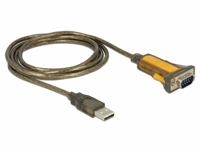 Ein USB-zu-RS232-Adapterkabel mit transparentem und gelbem Stecker, geeignet zum Verbinden moderner Geräte mit älterer serieller Hardware.