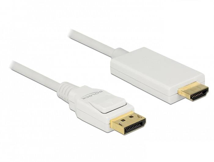 Weißes Kabel mit DisplayPort-Stecker auf der linken Seite und HDMI-Stecker auf der rechten Seite, geeignet für Videoübertragungen.