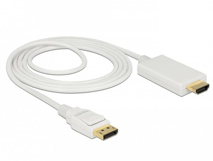 Weißes Kabel mit DisplayPort-Stecker auf der einen Seite und HDMI-Anschluss auf der anderen, geeignet für Video- und Audioübertragung.