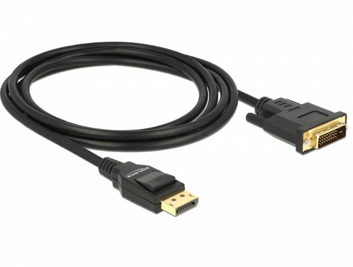Schwarzes Kabel mit DisplayPort-Stecker auf der einen und DVI-Stecker auf der anderen Seite, zum Verbinden von Computern mit Monitoren.