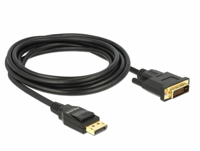 Ein DisplayPort-zu-DVI-Kabel: verbindet moderne Grafikkarten mit älteren Monitoren. Länge ca. 2 Meter, schwarze Ummantelung.