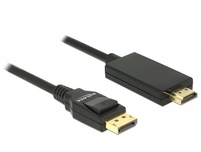 Schwarzes Kabel mit DisplayPort-Stecker links und HDMI-Stecker rechts. Verbindet Geräte mit DisplayPort-Ausgang zu HDMI-Eingang.