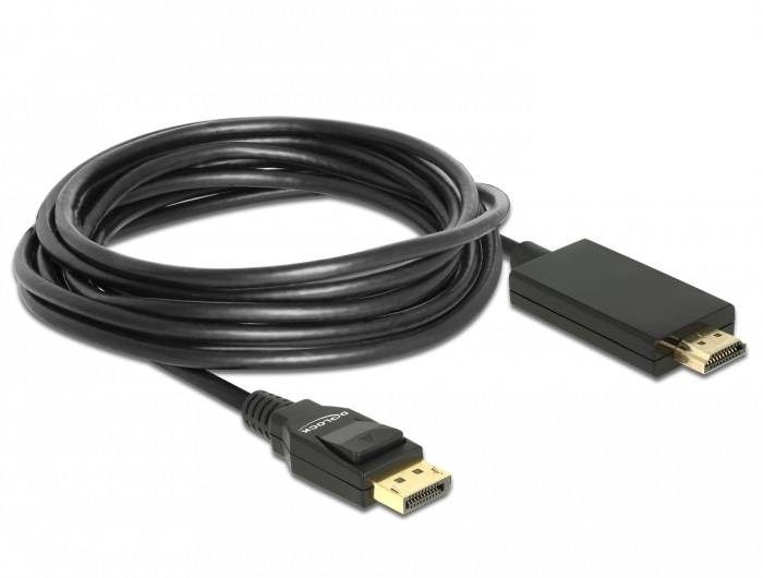 Ein schwarzes HDMI-zu-DisplayPort-Kabel zeigt die Stecker an beiden Enden, geeignet für die Verbindung zwischen Geräten mit unterschiedlichen Anschlüssen.