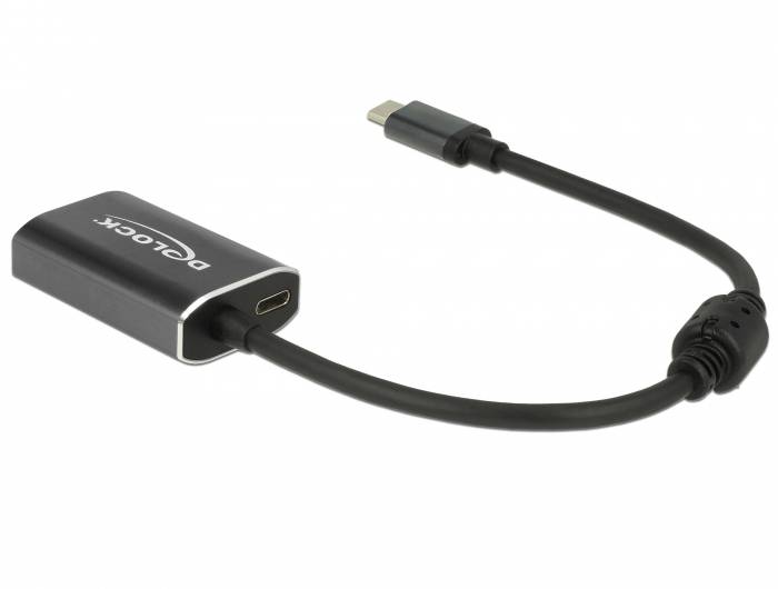 Ein schwarzes USB-C-zu-DisplayPort-Adapterkabel von Delock, geeignet für den Anschluss von USB-C-fähigen Geräten an DisplayPort-Bildschirme.