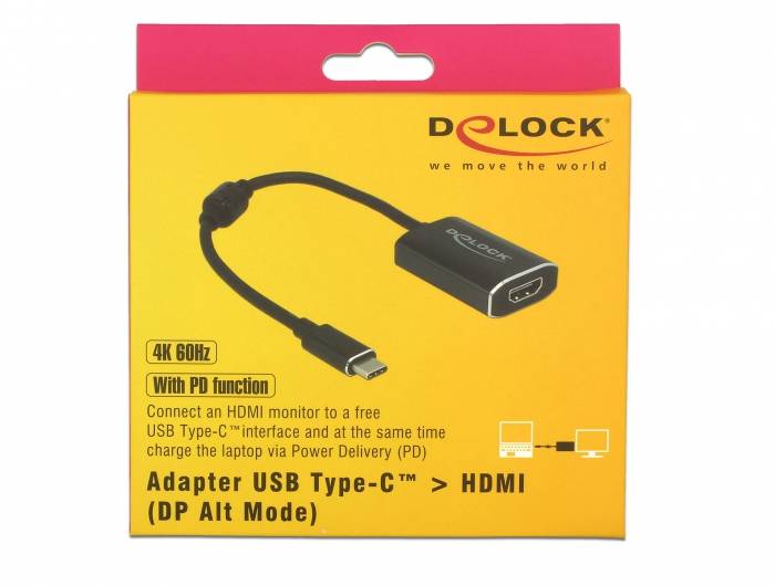 'Delock 4K 60Hz USB Type-C auf HDMI Adapter' - Verpackung zeigt Adapter für Displays, unterstützt Power Delivery. Ideal für Laptops.