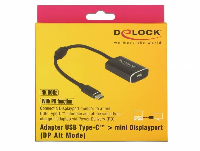 Verpackung eines Delock Adapters: USB Type-C zu Mini DisplayPort, 4K 60Hz, PD-Funktion. Verbindung zwischen Laptop und Monitor.