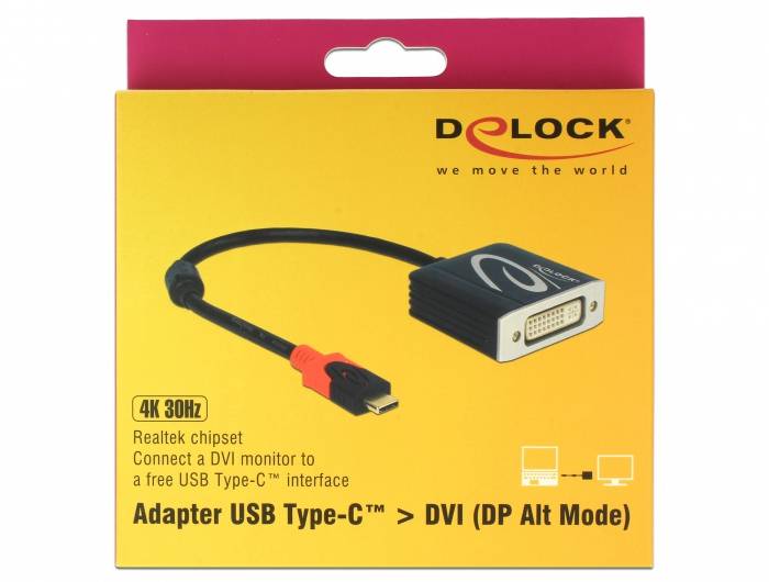 Verpackung eines Delock Adapters für USB Type-C zu DVI, mit '4K 30Hz' und Text: 'Connect a DVI monitor to a free USB Type-C interface'.