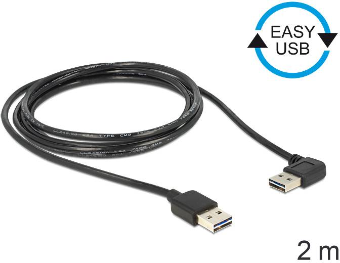 Schwarzes USB-Kabel, 2 Meter lang, mit USB-Steckern an beiden Enden. Im Bild ist ein ″EASY USB″-Symbol mit Pfeilen zu sehen.