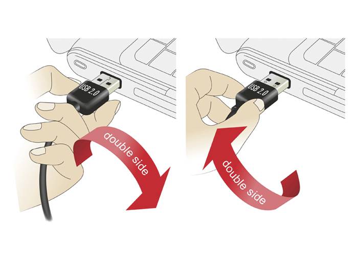 Hand steckt USB 2.0-Kabel beidseitig in Laptop ein. Rote Pfeile mit Text 'double side' zeigen auf beidseitige Einsetzbarkeit.