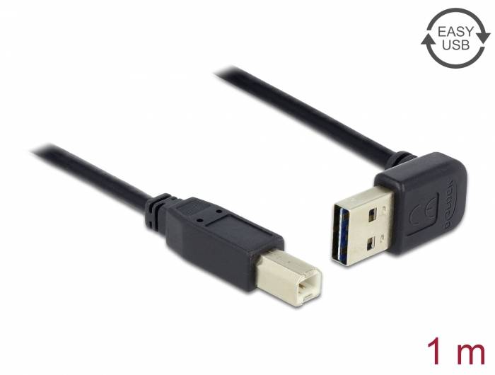 USB-Kabel, 1 Meter, mit einem USB-A und einem abgewinkelten USB-B-Stecker. Geeignet für Verbindungen zwischen Geräten.