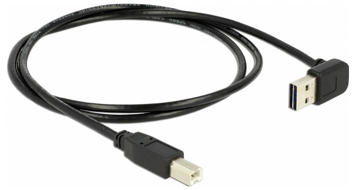 Ein schwarzes USB-Kabel, das auf der linken Seite einen quadratischen Stecker und auf der rechten Seite einen Standard-USB-Stecker hat.