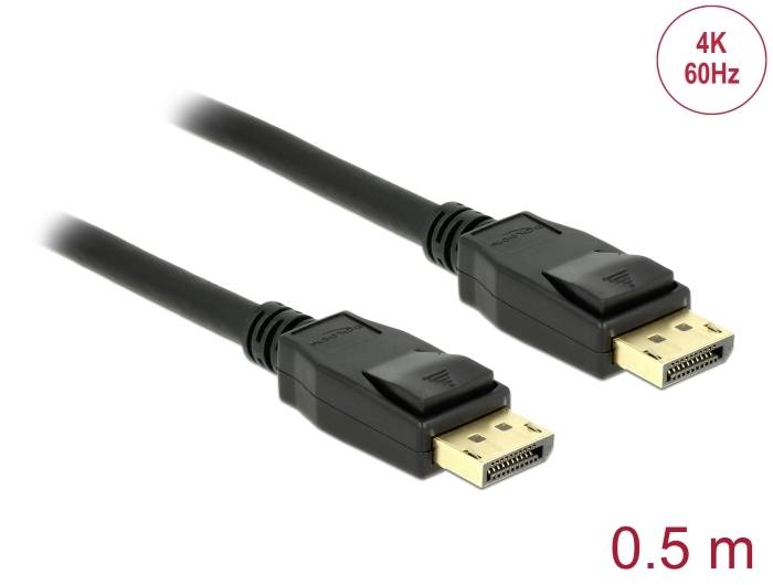 Ein 0,5 m DisplayPort-Kabel, geeignet für 4K bei 60 Hz, mit schwarzen Steckern auf beiden Enden.
