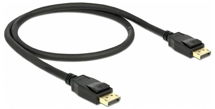 Schwarzes DisplayPort-Kabel mit zwei identischen Anschlüssen an beiden Enden, geeignet für die Übertragung von Video- und Audiosignalen.