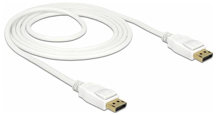 Weißes DisplayPort-Kabel mit zwei Steckern, geeignet für Videowiedergabe und Signalübertragung zwischen Geräten.