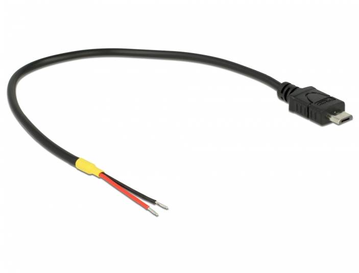 USB-Kabel mit abgeschnittenem Ende und blanken roten und schwarzen Drähten, geeignet für Reparatur- oder DIY-Projekte.