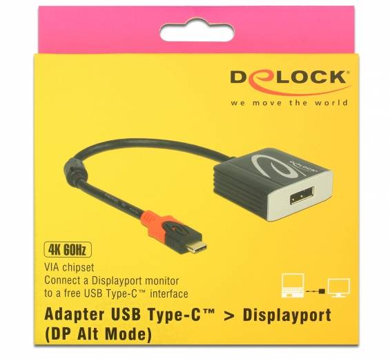 Gelbe Verpackung eines Delock USB Type-C zu DisplayPort Adapters, unterstützt 4K 60Hz. Enthält kurze Beschreibung und Markenlogo.