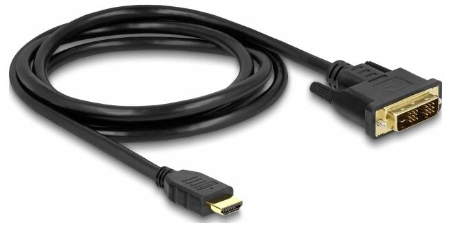 Schwarzes HDMI-zu-DVI-Kabel mit goldenen Steckern, für die Verbindung von Audio-/Videogeräten.