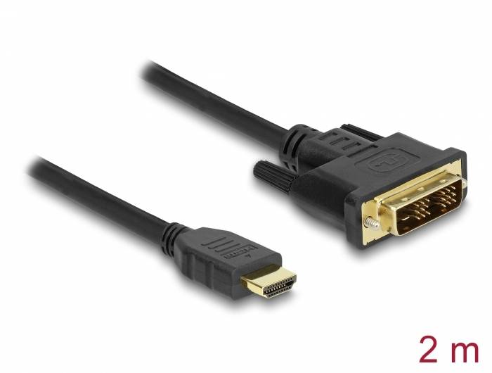 Ein HDMI-zu-DVI-Kabel, 2 Meter lang, mit einem HDMI-Stecker links und einem DVI-Stecker rechts, geeignet für Videoverbindungen.