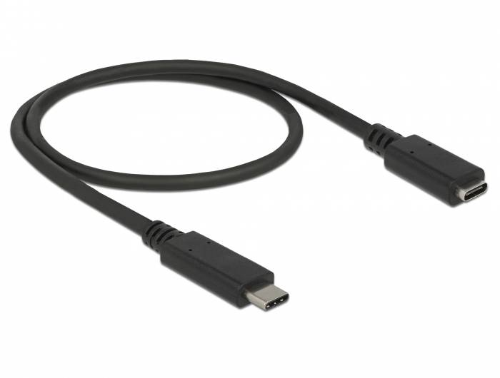 USB-C-Kabel in Schwarz, bestehend aus zwei identischen Steckern an jedem Ende, auf weißem Hintergrund.