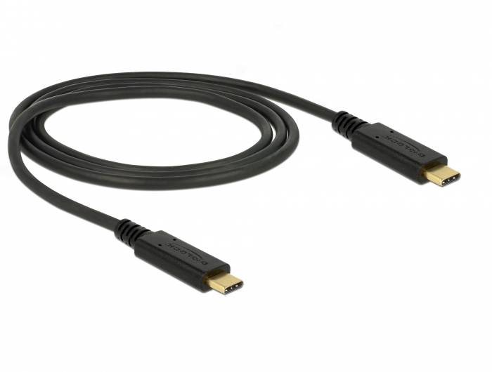 Ein USB-C-Kabel mit zwei identischen Anschlüssen liegt aufgerollt auf einem weißen Hintergrund.