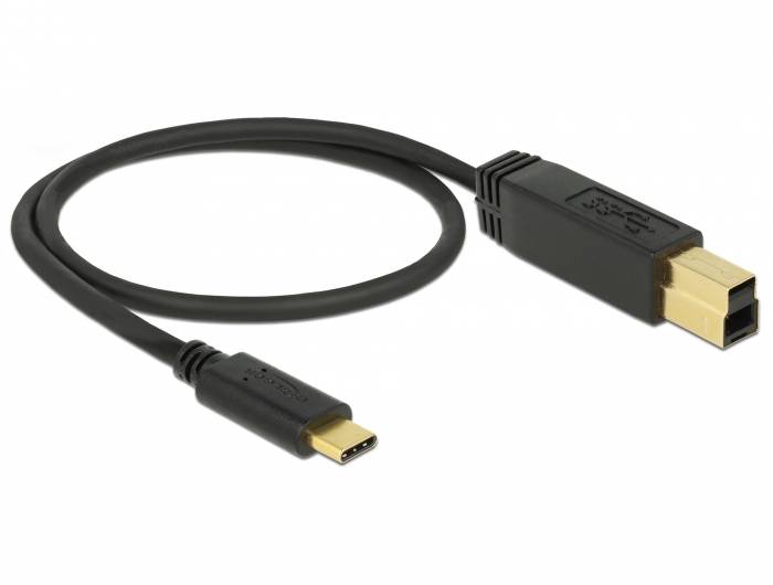 Ein schwarzes Kabel mit USB-C Stecker auf einer Seite und einem rechteckigen Stecker auf der anderen. Geeignet für Computerverbindungen.
