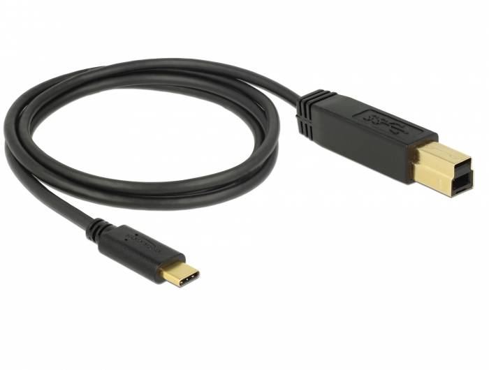 Ein USB-Kabel mit einem Typ-C-Stecker auf der einen Seite und einem rechteckigen Stecker auf der anderen, das zur Datenübertragung dient.