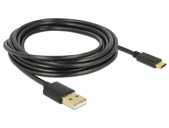 Schwarzes USB-Kabel mit USB-A-Stecker auf der einen Seite und USB-C-Stecker auf der anderen, auf weißem Hintergrund.
