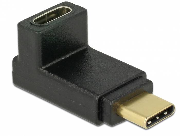 USB-C-Steckeradapter mit rechtwinkliger Form, schwarzes Gehäuse und vergoldetem Anschluss, zur seitlichen Verbindung von Geräten.