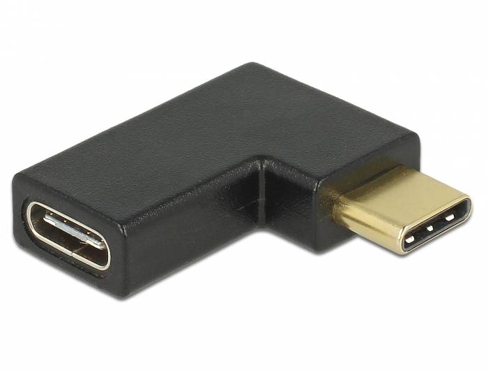 Ein schwarz-goldener USB-C-Winkeladapter, der die Ausrichtung der Anschlüsse um 90 Grad ändert, ähnlich der Form eines 'L'.