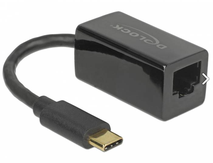 Ein schwarzer USB-C-zu-Ethernet-Adapter von Delock mit glänzendem Gehäuse, geeignet für Netzwerkverbindungen.