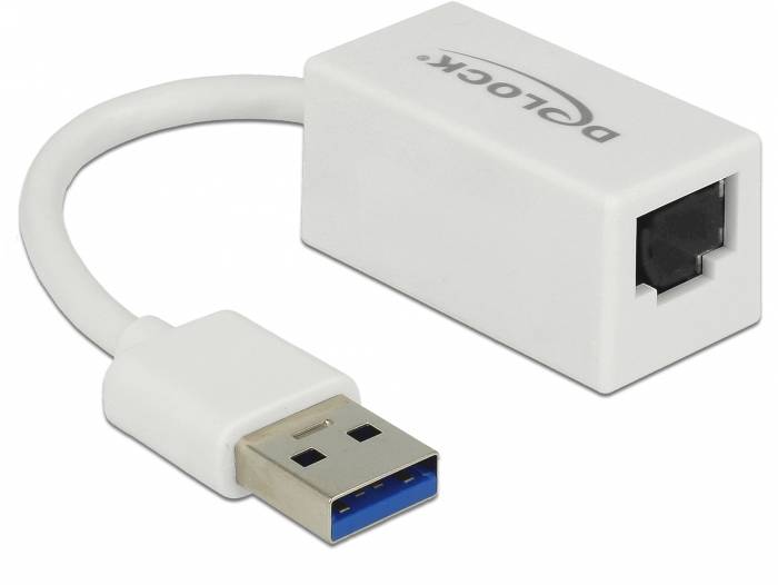 USB-zu-Ethernet-Adapter mit weißem Gehäuse und blauem USB-Stecker, Markenname auf Oberseite sichtbar.