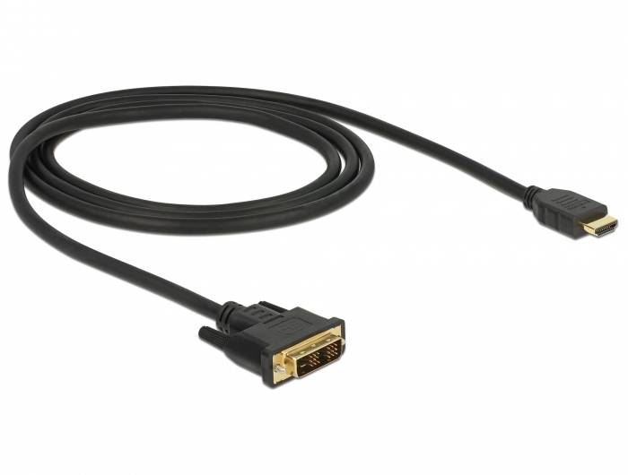 Schwarzes Kabel mit DVI-Anschluss auf der einen Seite und HDMI-Anschluss auf der anderen Seite, verwendet für Videoverbindungen.