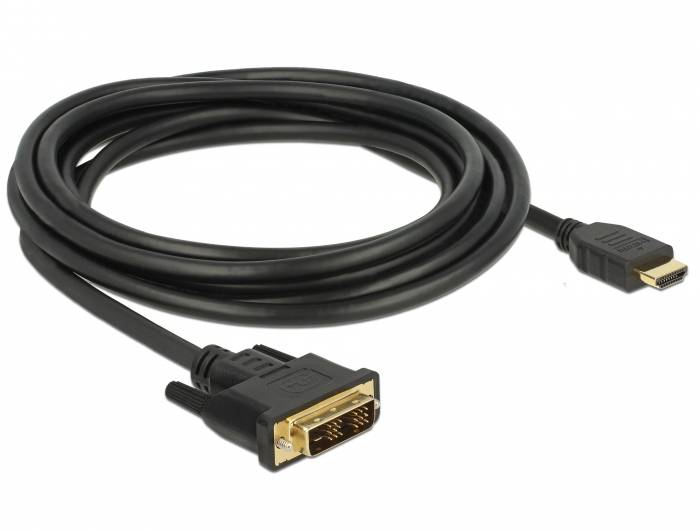 Ein schwarzes Kabel mit DVI-Stecker auf der einen Seite und HDMI-Stecker auf der anderen Seite, verwendet für Videoverbindungen.