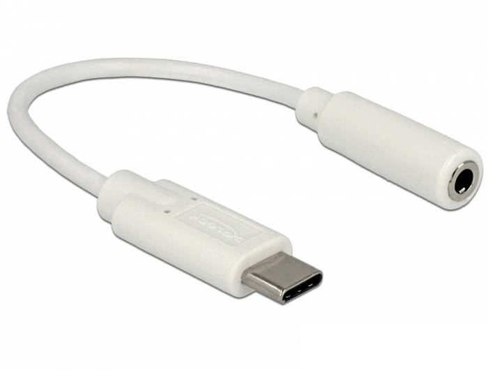 Ein weißer USB-C-zu-Klinkenadapter, der analoge Kopfhörer an Geräte ohne Klinkenausgang anschließt.